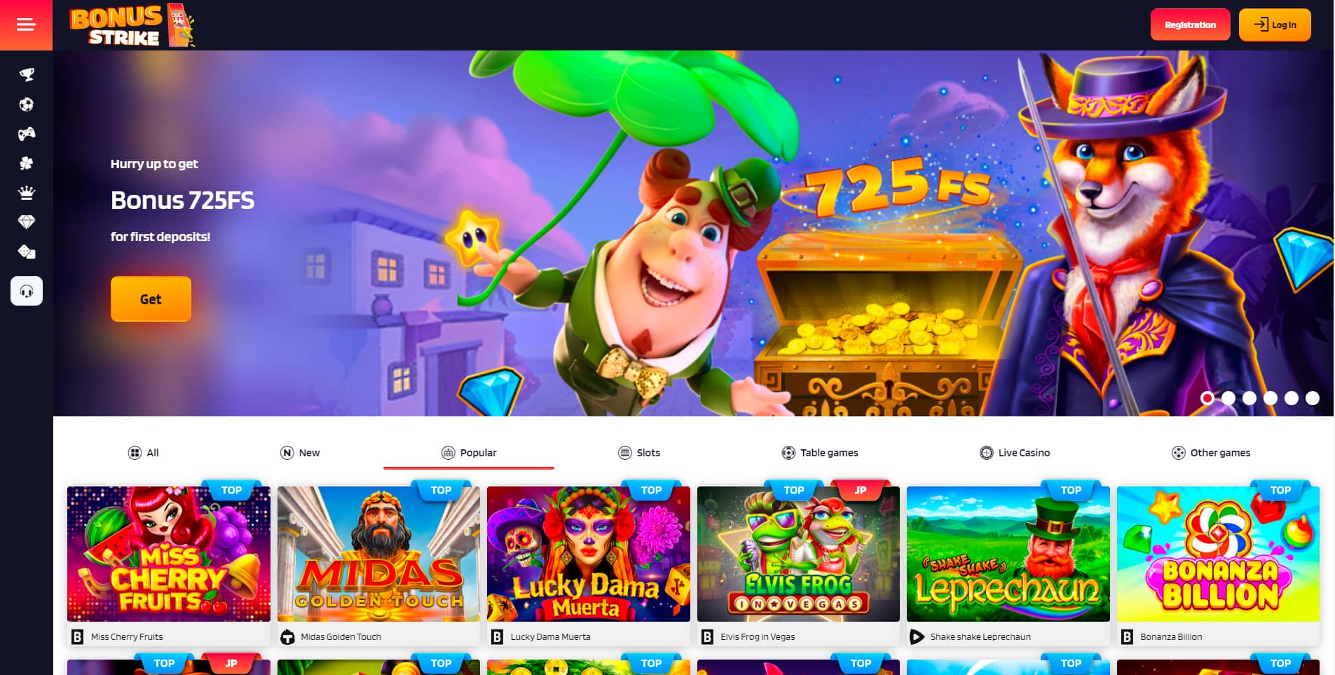 Bonus Strike casino design and interface