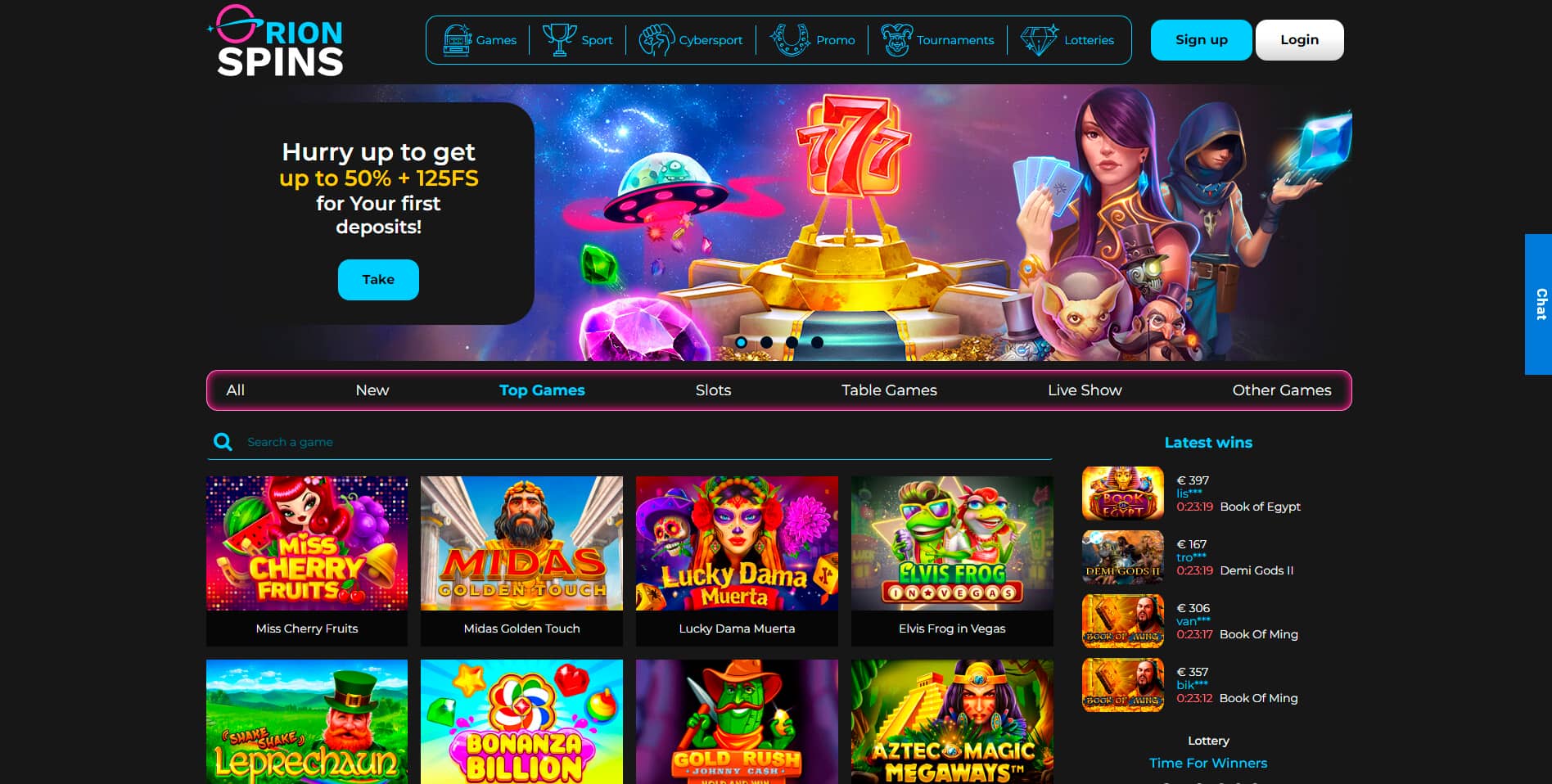 Orion Spins casino design and interface