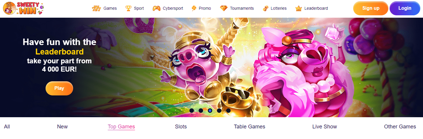 sweety win casino design and interface